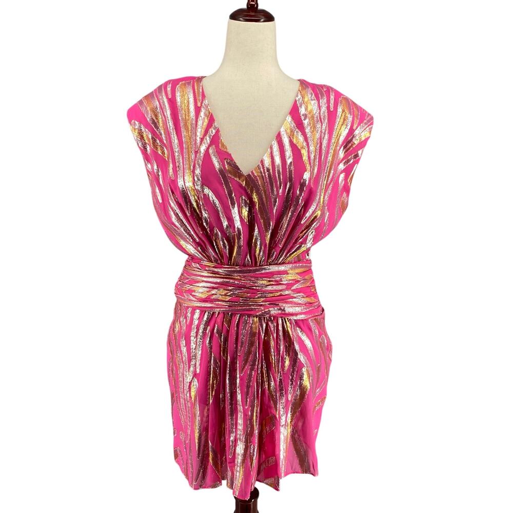 Ramy Brook Reina Mini Party Dress Womens M? Pink Metallic Silk Blend Deep V Neck
